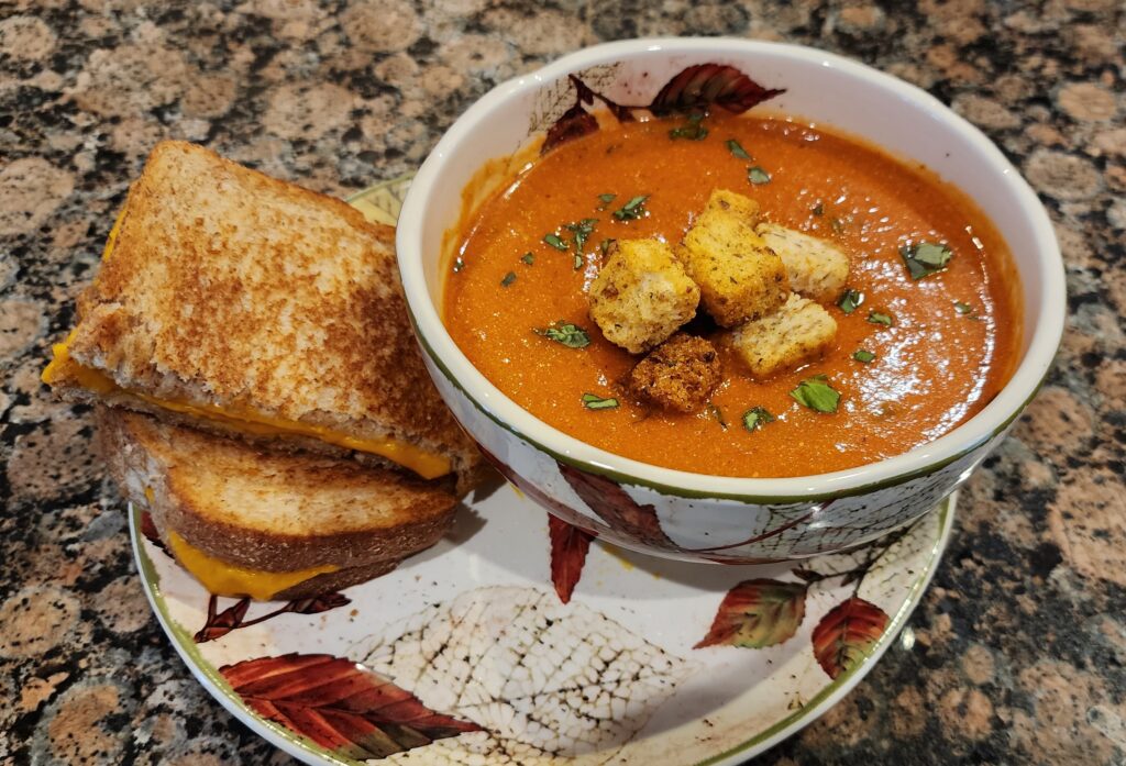 vegan tomato soup and grilled cheese