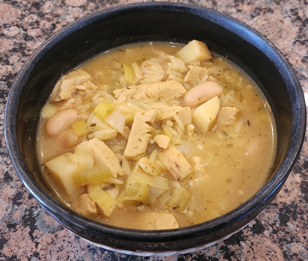 vegan chicken and white bean soup